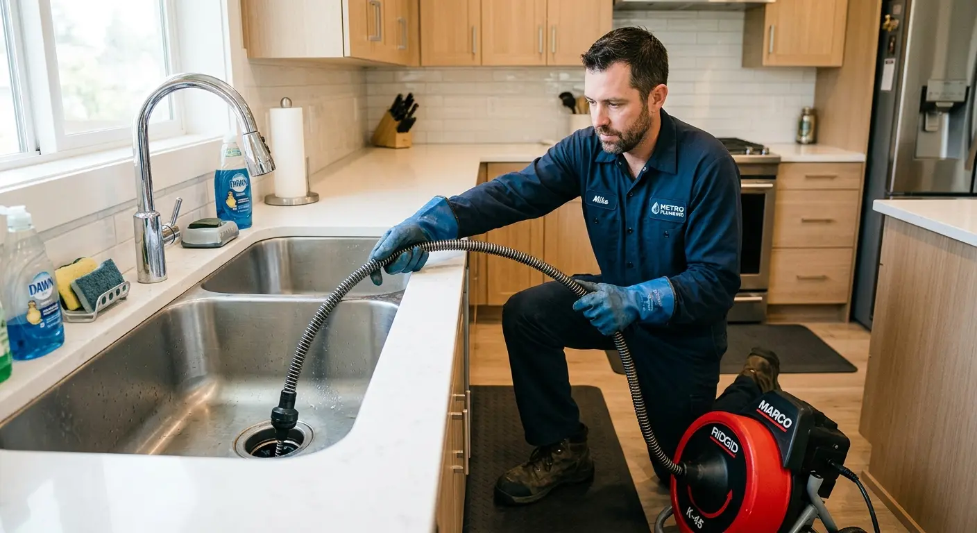 Drain cleaning technician using a motorized snake on a kitchen sink in Hampden