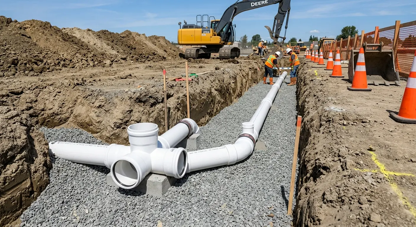 New PVC sewer pipe installation in open trench for Grease Trap Cleaning in Hampden