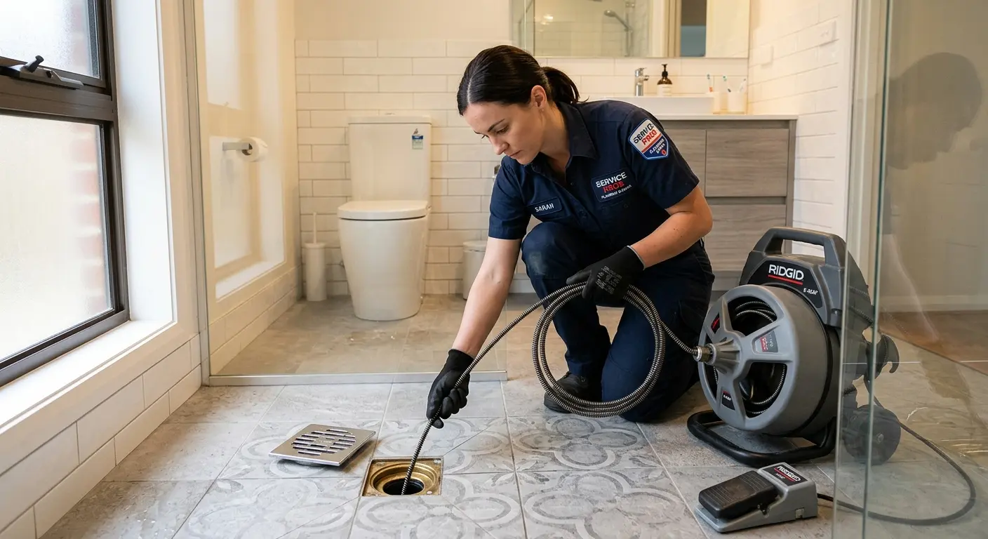 Technician clearing a bathroom floor drain for Sewer Line Replacement in Hampden